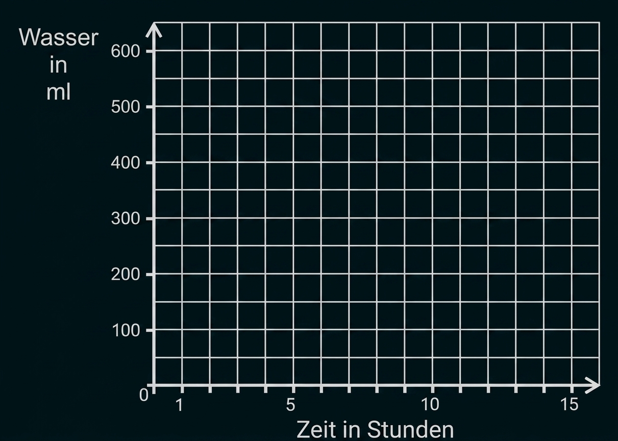 Leeres Koordinatensystem mit Achsen für Wasser in ml und Zeit in Stunden.